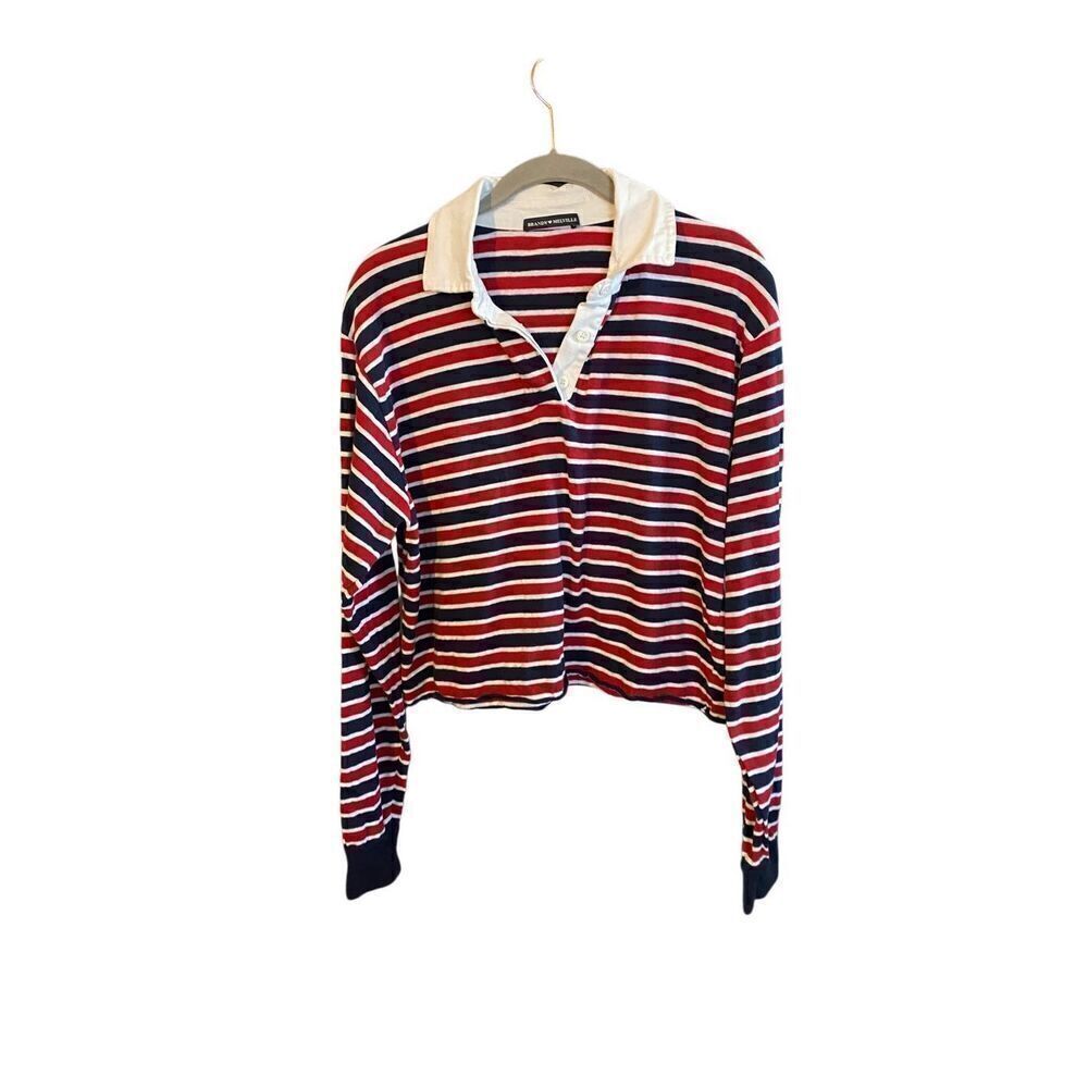Brandy Melville, women’s red, white and blue striped cropped top